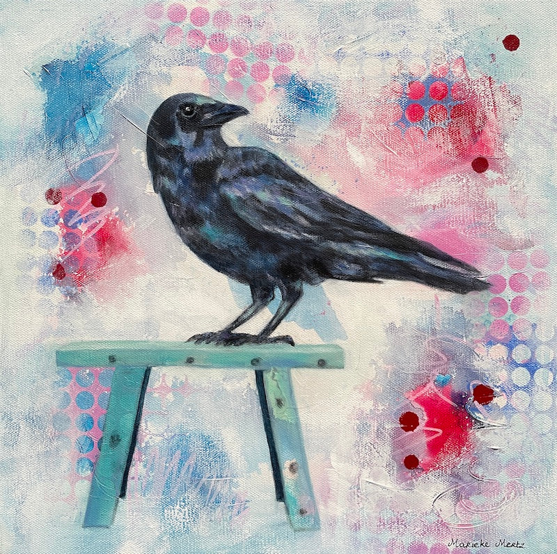 Thinker's Perch - Crow Bird Painting on Canvas