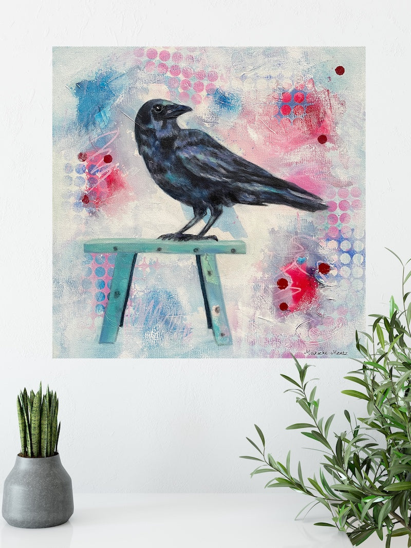 Thinker's Perch - Crow Bird Painting on Canvas