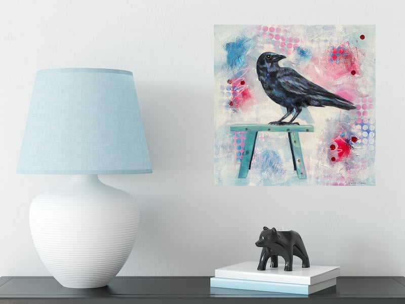 Thinker's Perch - Crow Bird Painting on Canvas