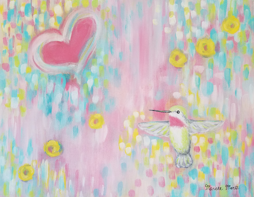 Contemporary painting of a hummingbird over a colorful abstract background with pink heart