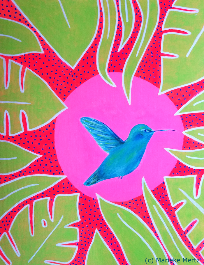 Brightly colored painting on paper of a blue hummingbird with green tropical leaves