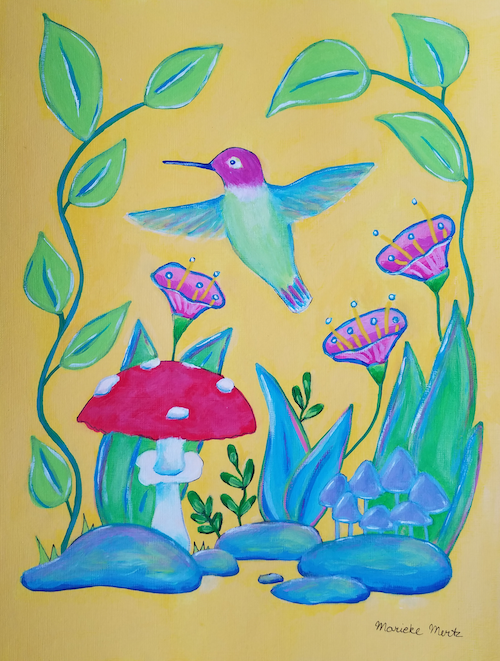 Colorful painting on paper of a hummingbird and an amanita musceria fly agaric mushroom