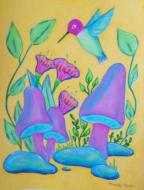 Colorful painting on paper of a hummingbird and purple mushrooms